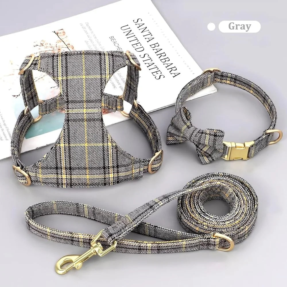 Cute Small Dog Harness Set Adjustable Soft Plaid Collar Leash Bowtie