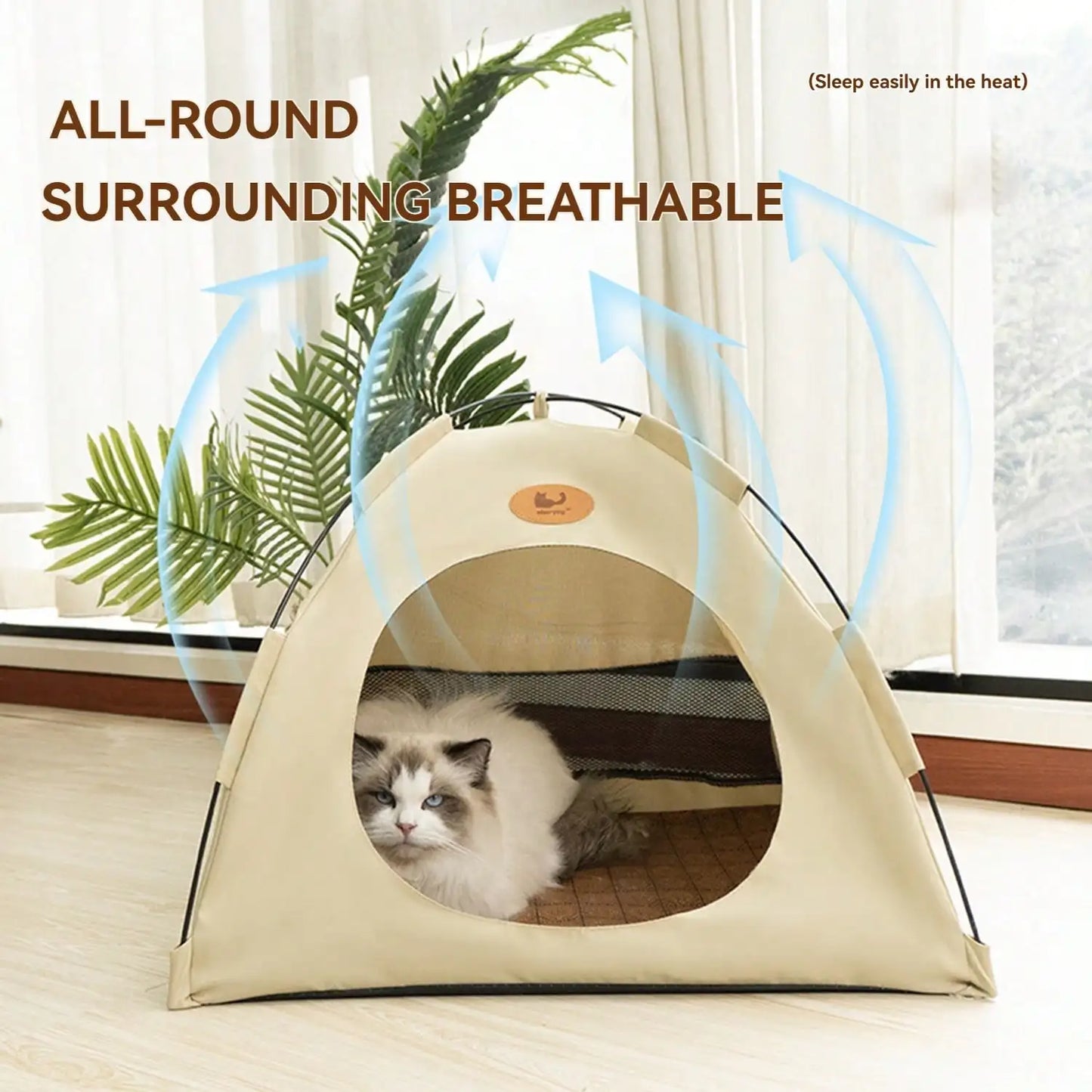 Pet Tent House with Cooling Pad and Rattan Mat for Cats and Dogs