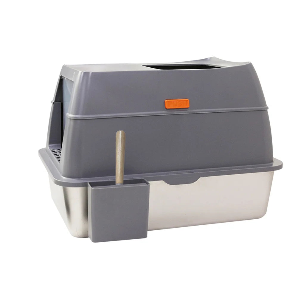 XXL Stainless Steel Enclosed Cat Litter Box with Lid Large High Wall Easy Cleaning
