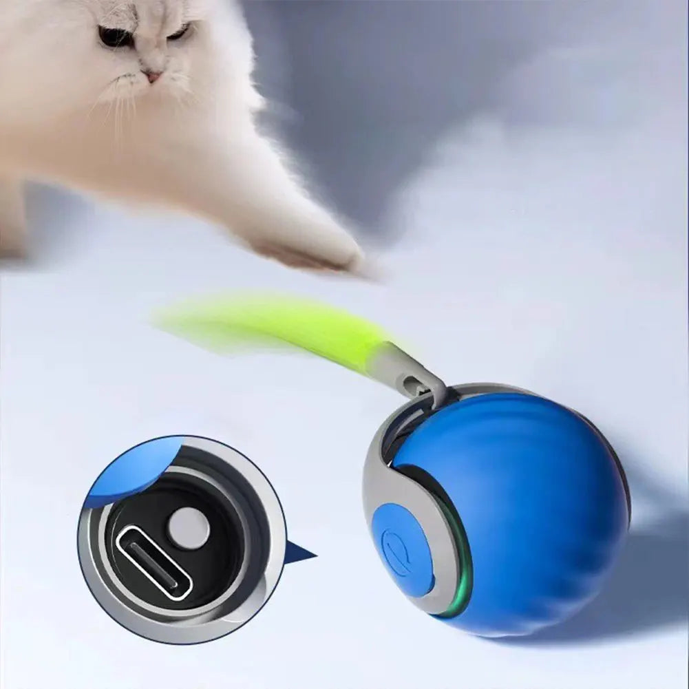 Automatic Moving Cat Toy Ball USB Rechargeable Interactive Cat Toy with Two Speed Adjustment and Replacement Tail