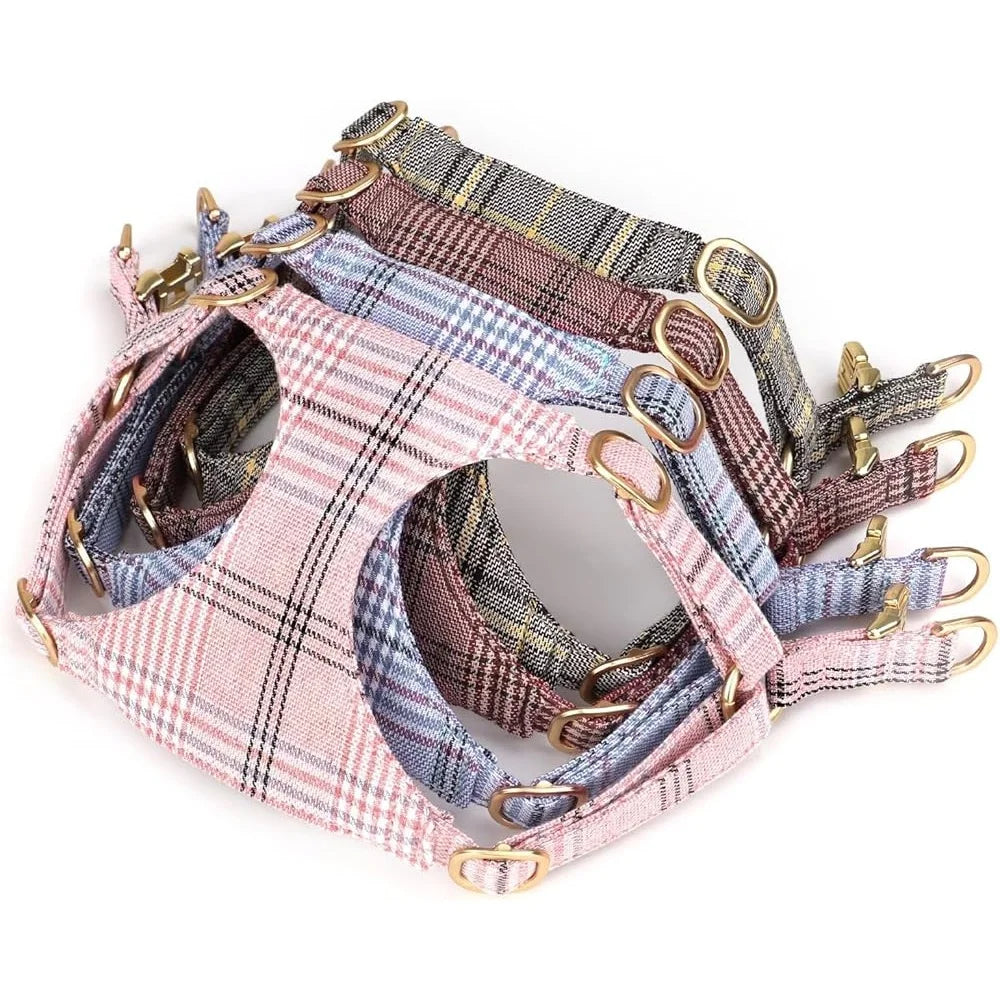 Cute Small Dog Harness Set Adjustable Soft Plaid Collar Leash Bowtie