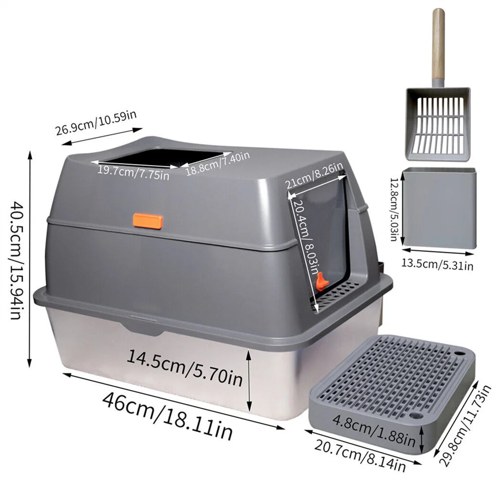 XXL Stainless Steel Enclosed Cat Litter Box with Lid Large High Wall Easy Cleaning