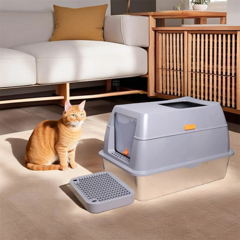 XXL Stainless Steel Enclosed Cat Litter Box with Lid Large High Wall Easy Cleaning