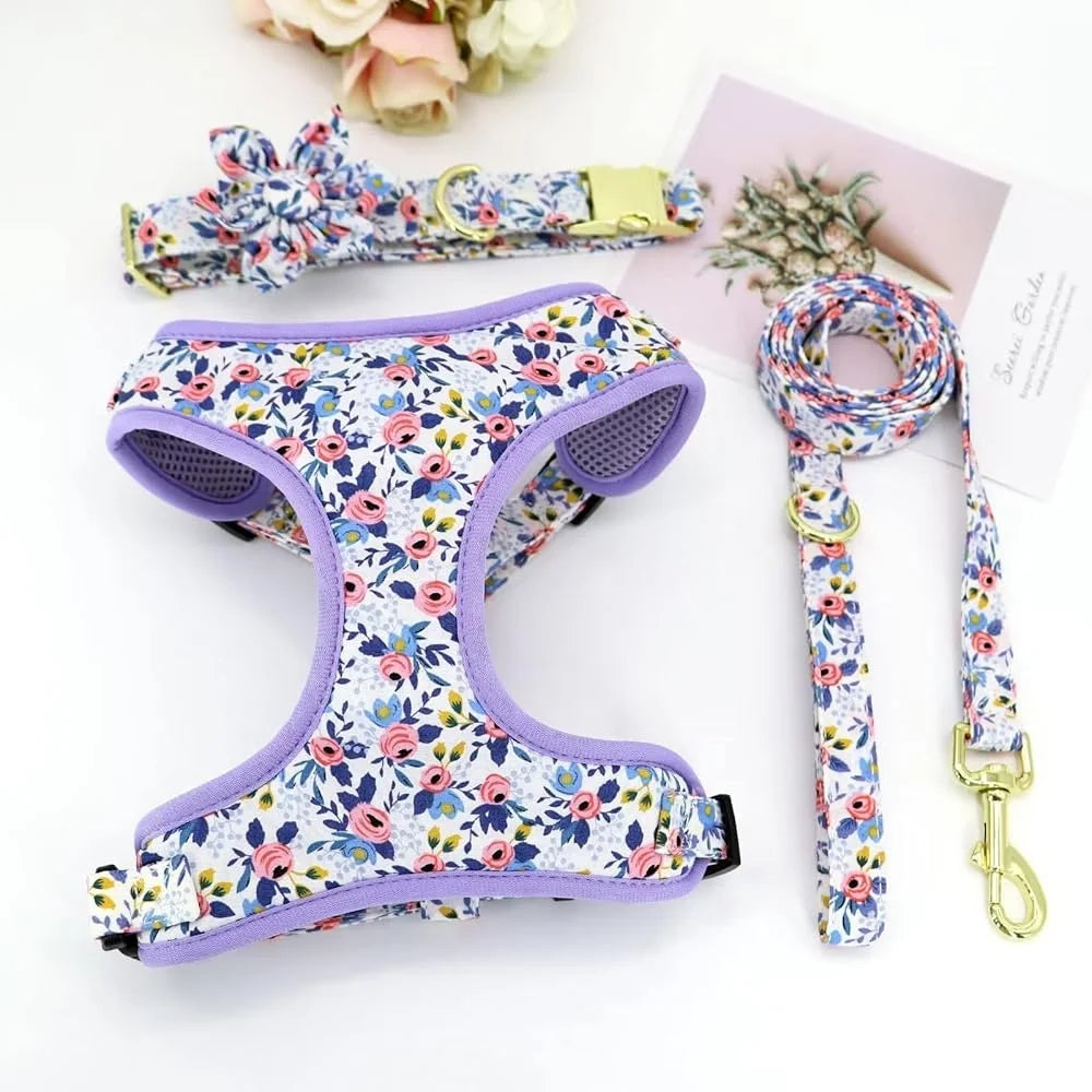 Cute Dog Harness Leash Collar Set Floral Design for Puppies All Seasons