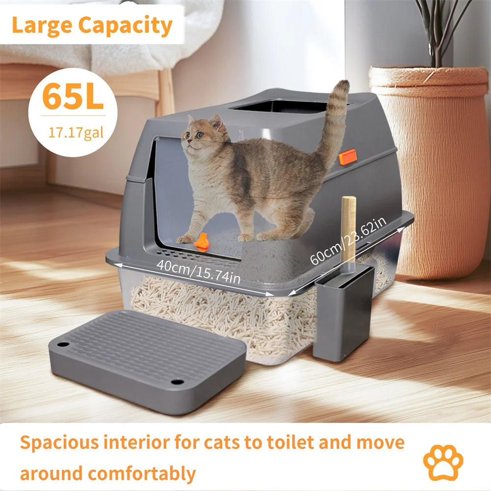 XXL Stainless Steel Enclosed Cat Litter Box with Lid Large High Wall Easy Cleaning