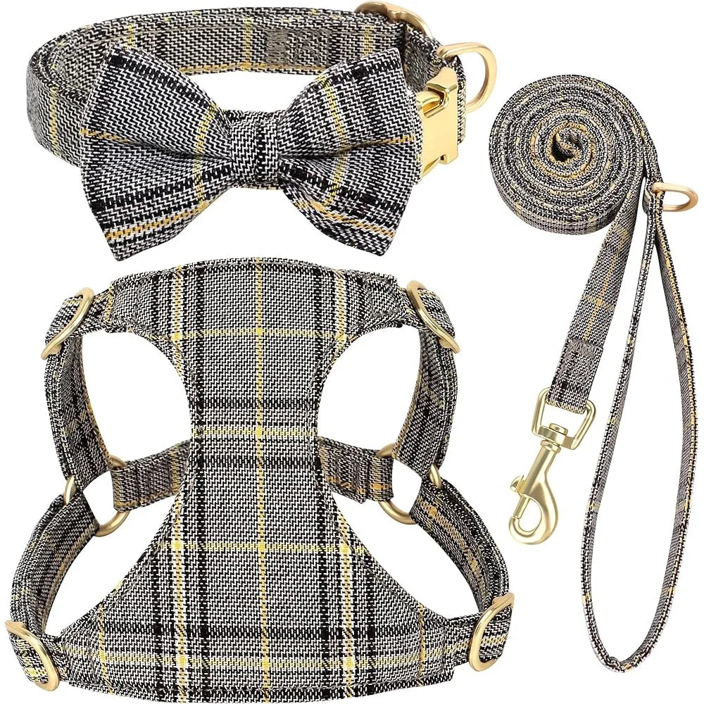 Cute Small Dog Harness Set Adjustable Soft Plaid Collar Leash Bowtie