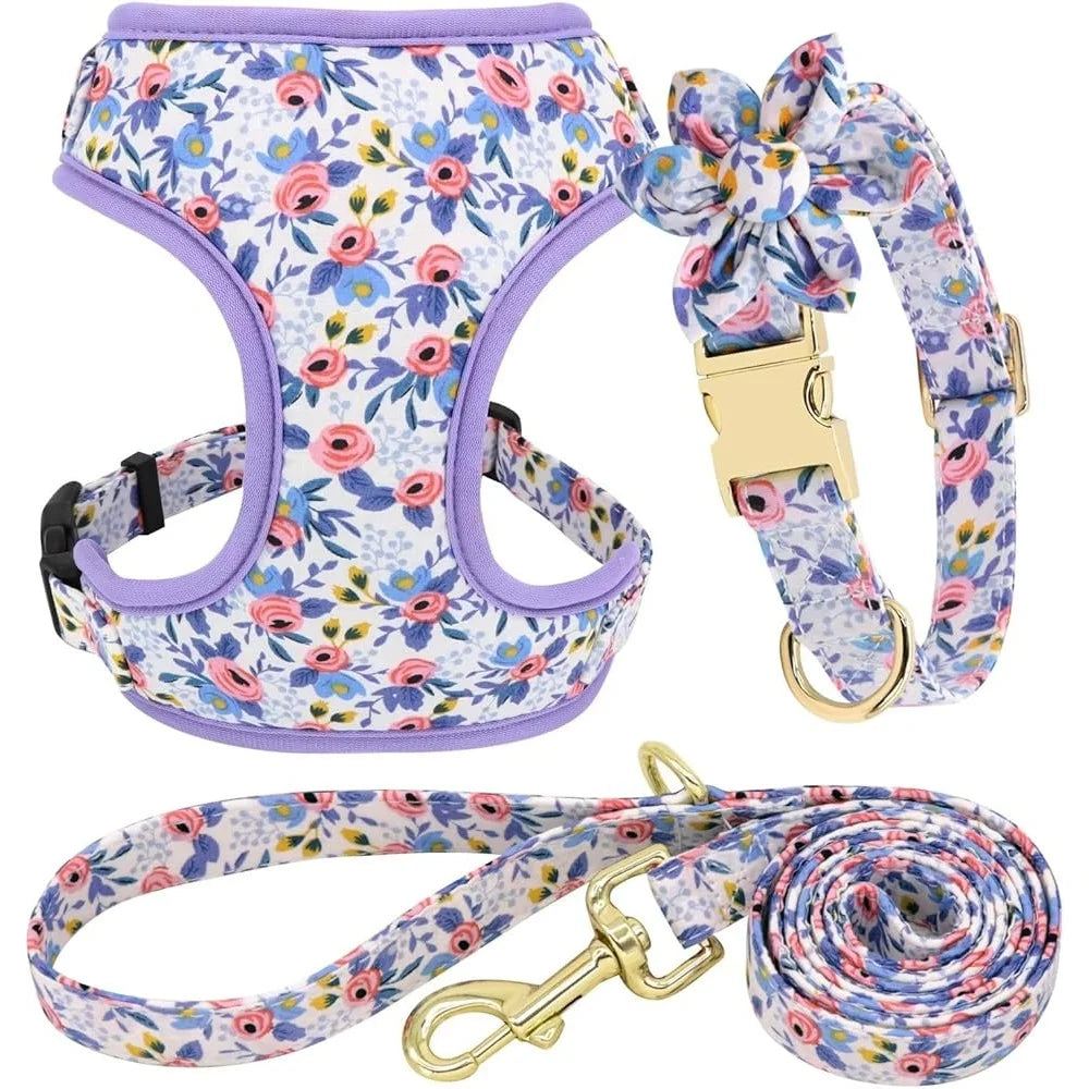Cute Dog Harness Leash Collar Set Floral Design for Puppies All Seasons
