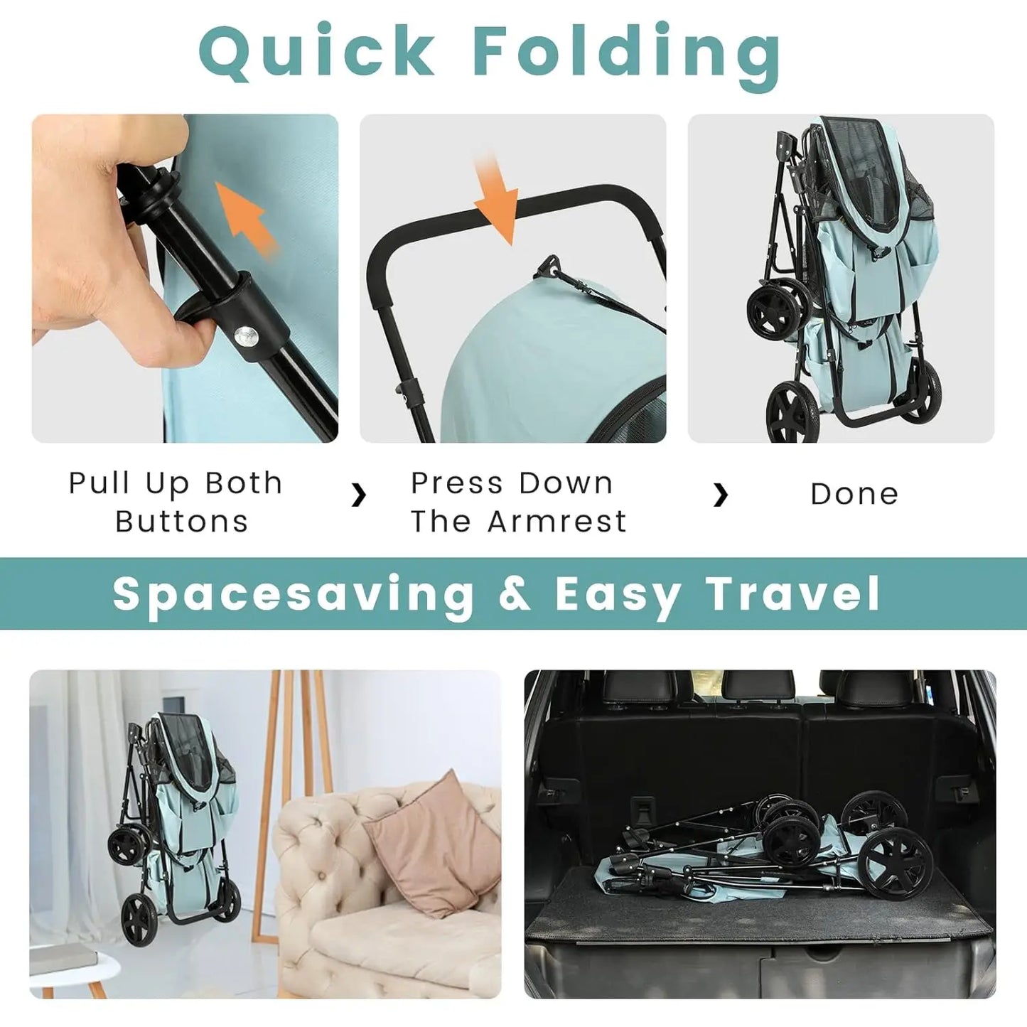 4 In 1 Double Pet Stroller for Dogs and Cats with Detachable Carriers and Lockable Wheels
