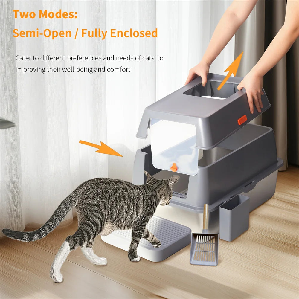 XXL Stainless Steel Enclosed Cat Litter Box with Lid Large High Wall Easy Cleaning