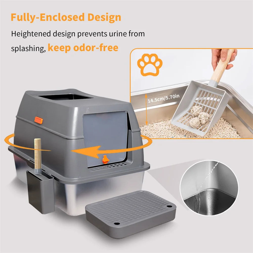 XXL Stainless Steel Enclosed Cat Litter Box with Lid Large High Wall Easy Cleaning