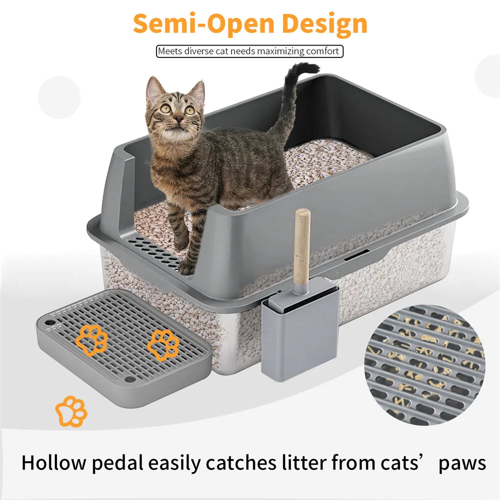 XXL Stainless Steel Enclosed Cat Litter Box with Lid Large High Wall Easy Cleaning