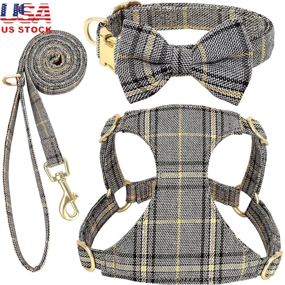 Cute Small Dog Harness Set Adjustable Soft Plaid Collar Leash Bowtie