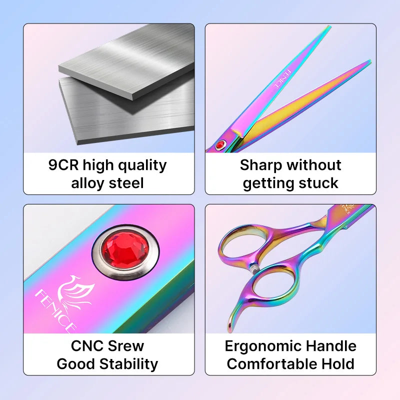Grooming Scissors Shears Set for Household Pet Owners Stainless Steel Rainbow and Black 6.5 Inch and 7 Inch