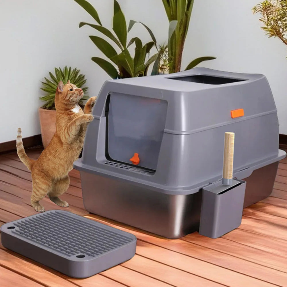 XXL Stainless Steel Enclosed Cat Litter Box with Lid Large High Wall Easy Cleaning