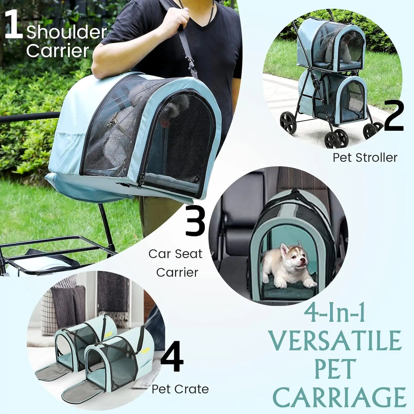 4 In 1 Double Pet Stroller for Dogs and Cats with Detachable Carriers and Lockable Wheels