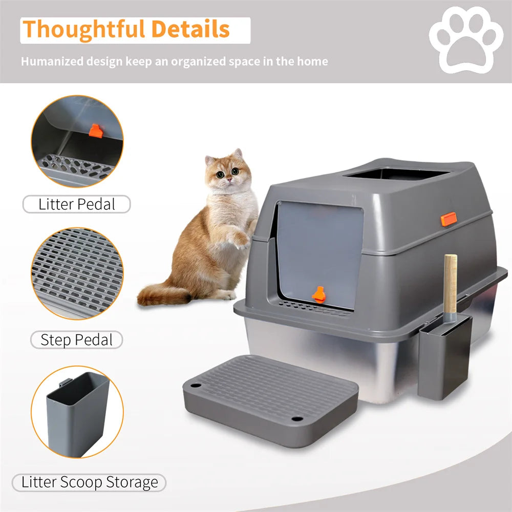 XXL Stainless Steel Enclosed Cat Litter Box with Lid Large High Wall Easy Cleaning