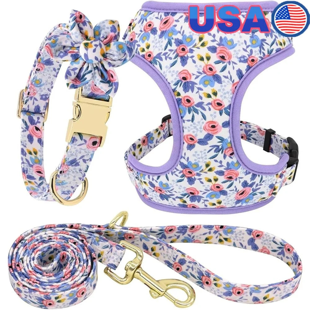 Cute Dog Harness Leash Collar Set Floral Design for Puppies All Seasons