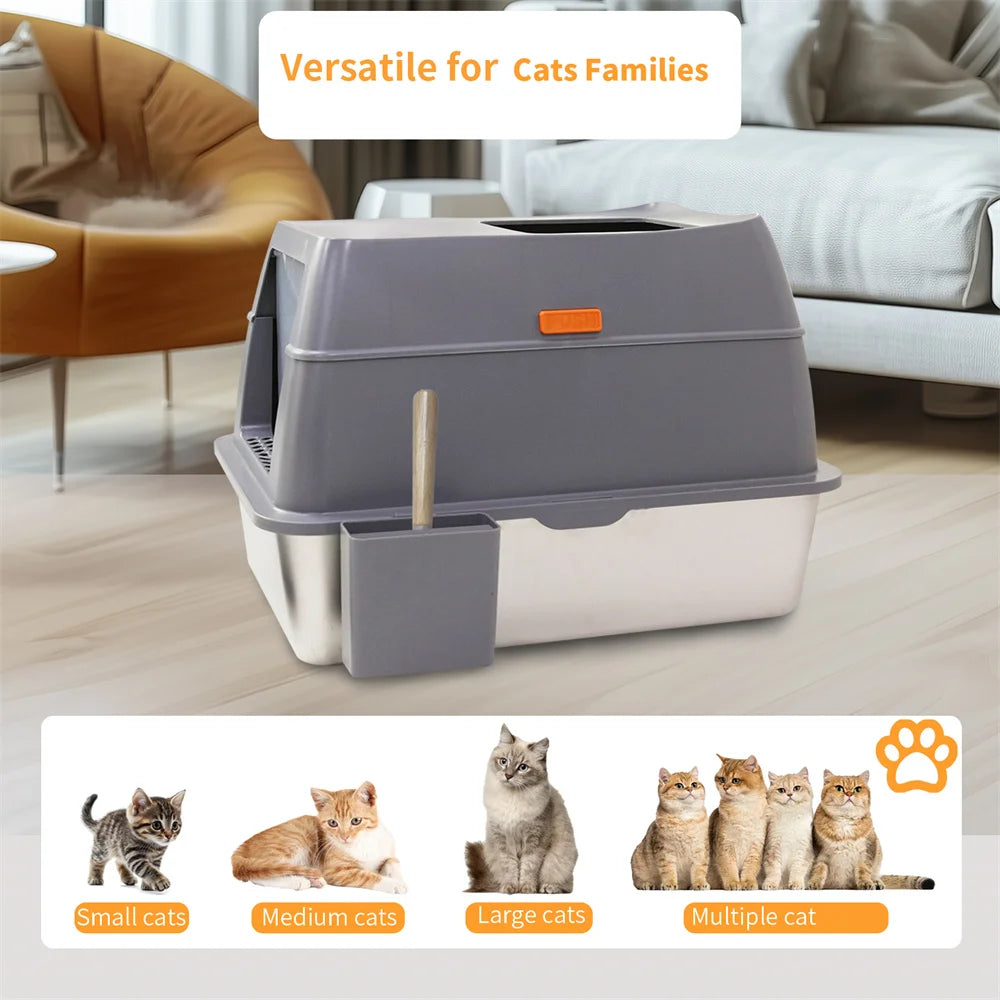 XXL Stainless Steel Enclosed Cat Litter Box with Lid Large High Wall Easy Cleaning