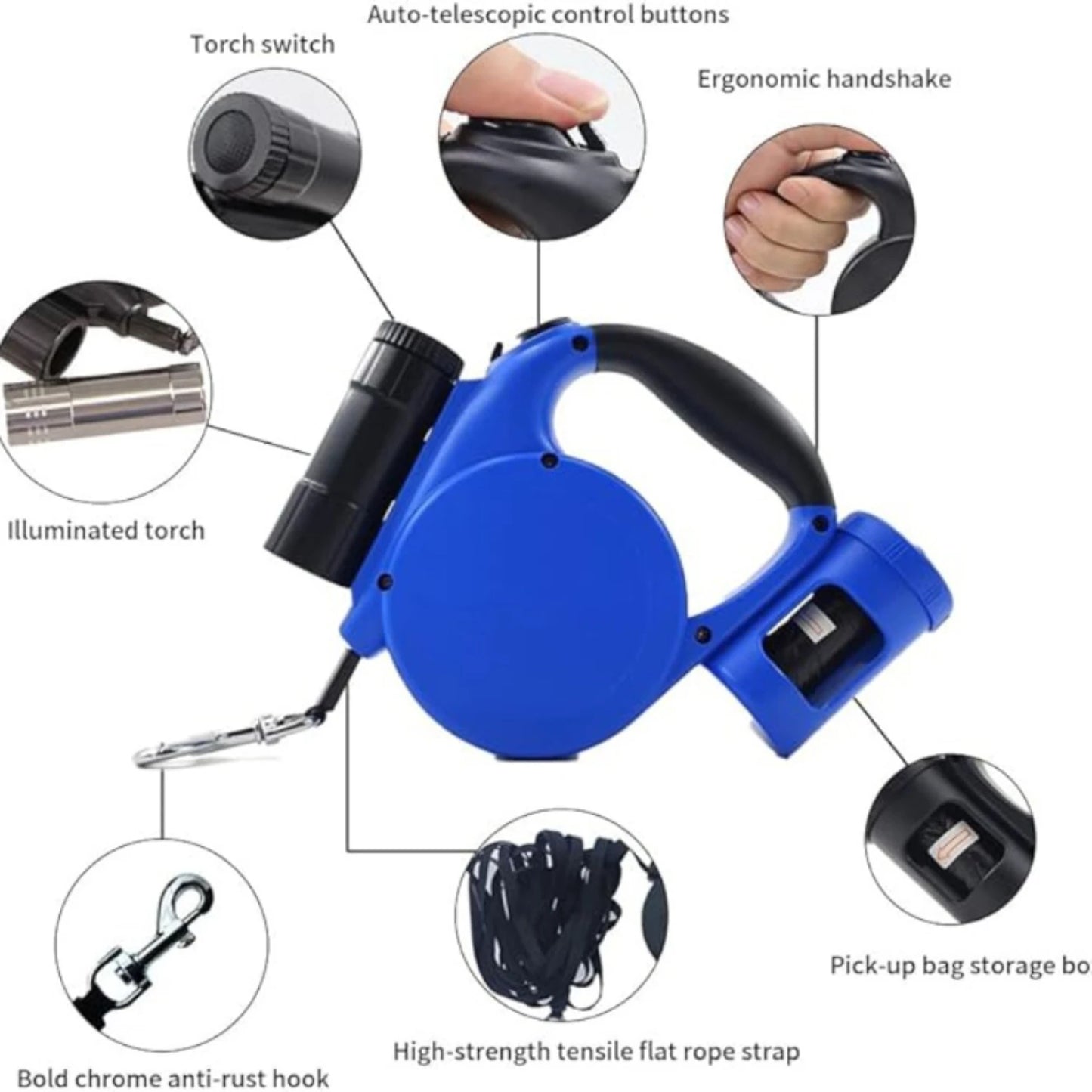 Retractable Dog Leash with LED Flashlight, Poop Bags