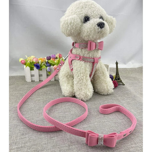 Diamante Bowtie Dog Collar Harness Leash Set  XS Microfiber