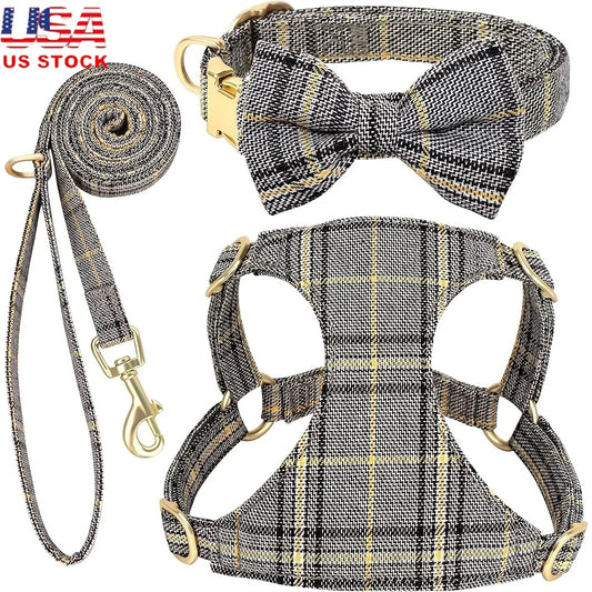 Cute Small Dog Harness Set Adjustable Soft Plaid Collar Leash Bowtie