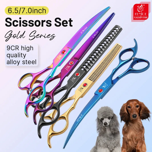 Grooming Scissors Shears Set for Household Pet Owners Stainless Steel Rainbow and Black 6.5 Inch and 7 Inch