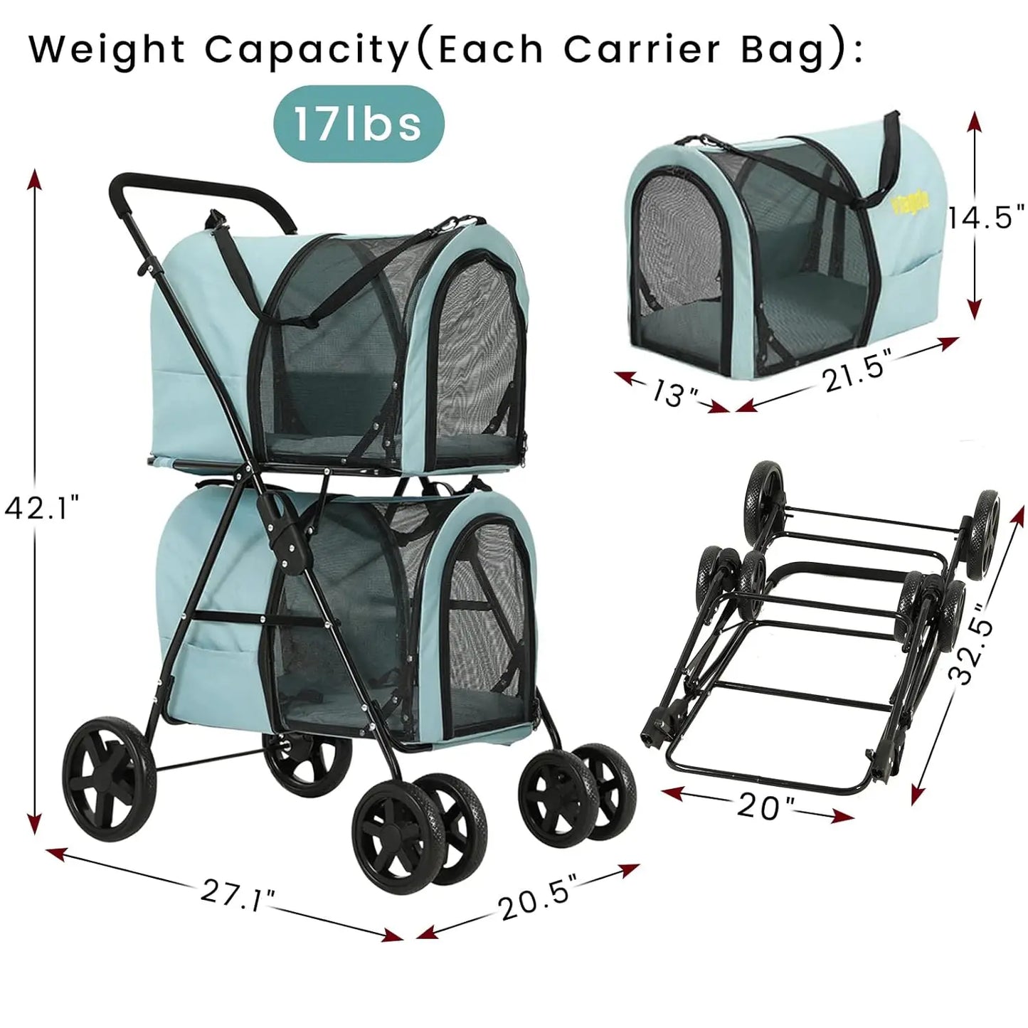 4 In 1 Double Pet Stroller for Dogs and Cats with Detachable Carriers and Lockable Wheels