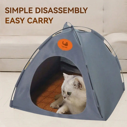 Pet Tent House with Cooling Pad and Rattan Mat for Cats and Dogs