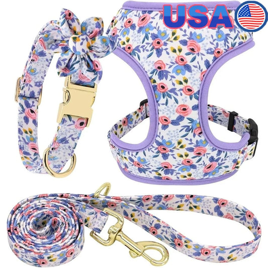 Cute Dog Harness Leash Collar Set Floral Design for Puppies All Seasons